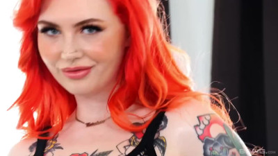 Colourfully inked redhead receives rough pounding on bed