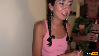 Cuckold Jerks Off, Watching How His Slim Slutty Brunette Wife Gets Spit-roasted By 2 Dudes