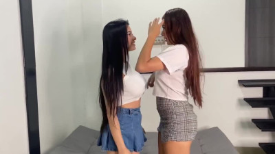 Leggy Latina girls show big titties and lick pussies in 69 position