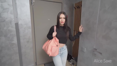 Russian brunette Alice gets fucked creampied in ripped yoga pants