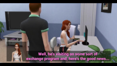 Animation based on the Sims game. A black male enjoys a slender beauty in front of her husband.