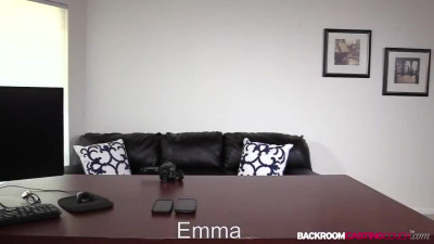 Petite blonde rides fat cock during real porn casting