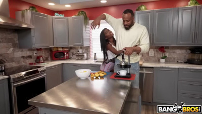 Ebony spinner blows huge black cock and takes it in her wet hole