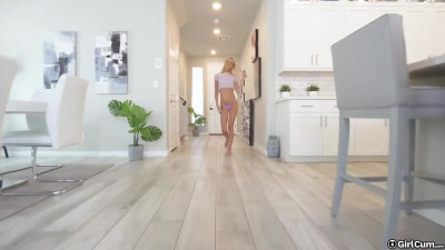Flat-chested blonde Payton Avery cums several times with huge cock inside