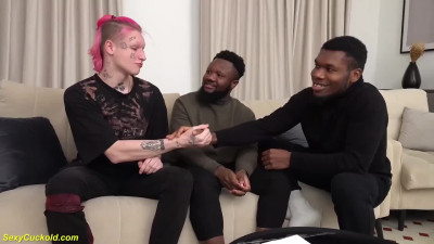 Pervy dude enjoys the sight of two black hunks banging his GF