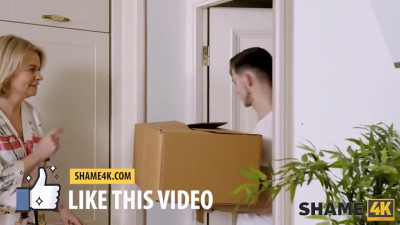Young dude peeks how his busty hot neighbour milf takes a shower and then he fucks her