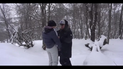 Public blowjob in a snowy forest from a pretty blonde student.