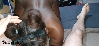 Masked ebony shows big ass and sucks BF's white cock